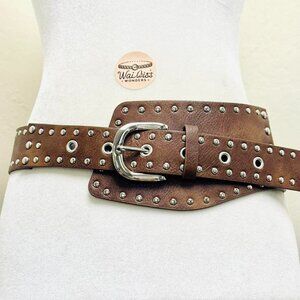 Y2K 2000s style Brown leather studded belt with silver accents